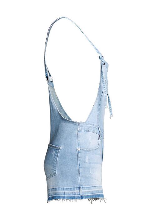 SZ60208 High Waisted Solid Denim Romper Shorts in Light Blue